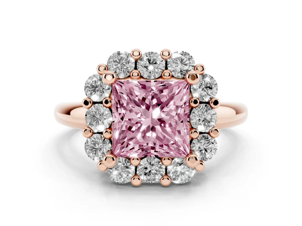 Fancy Pink Princess Cut Diamond Halo Cluster Engagement Ring Set in Rose gold with Polished Band and Prong Setting