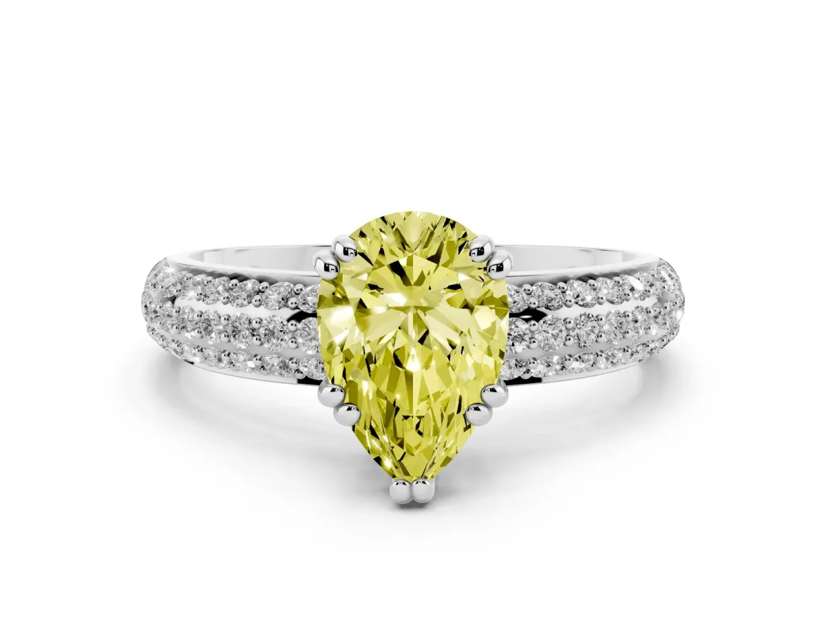 Fancy Yellow Pear Cut Diamond Solitaire Ring Set in Platinum with Multi-Row Round Pavé Band and Prong Setting