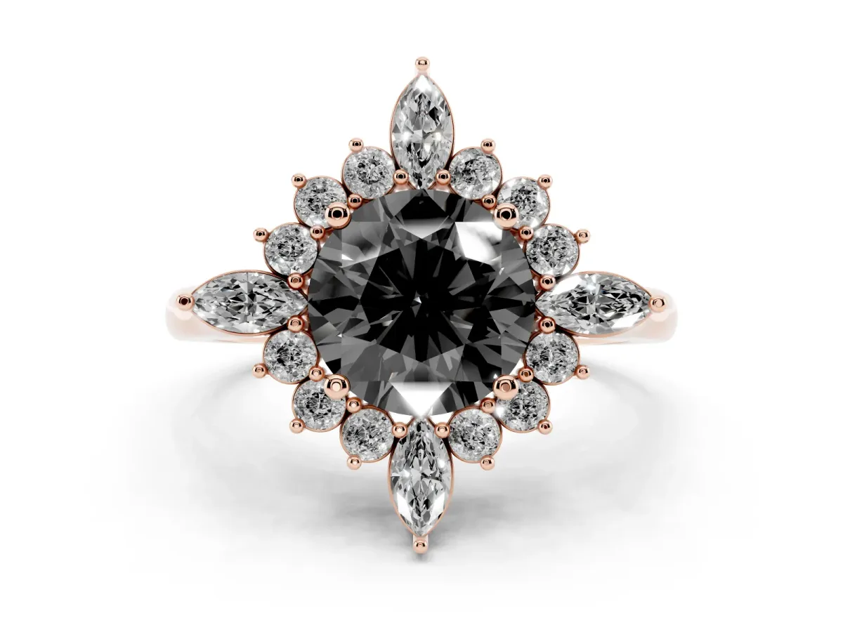 Fancy Black Round Cut Diamond Cluster Halo Ring Set in Rose gold with Marquise and Round Accents