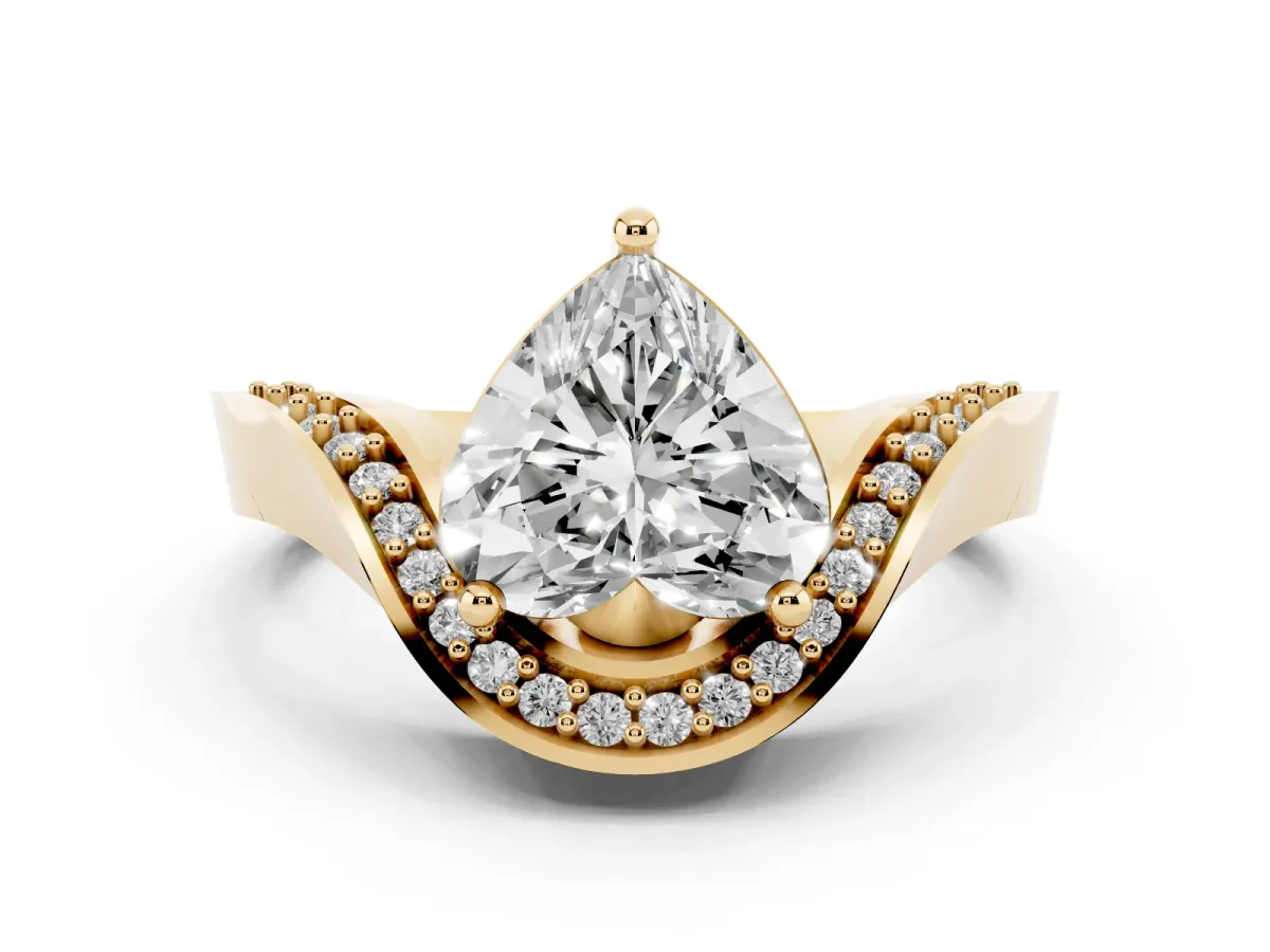 Heart Cut Diamond Solitaire Engagement Ring Set in Yellow gold with Pavé Shoulders