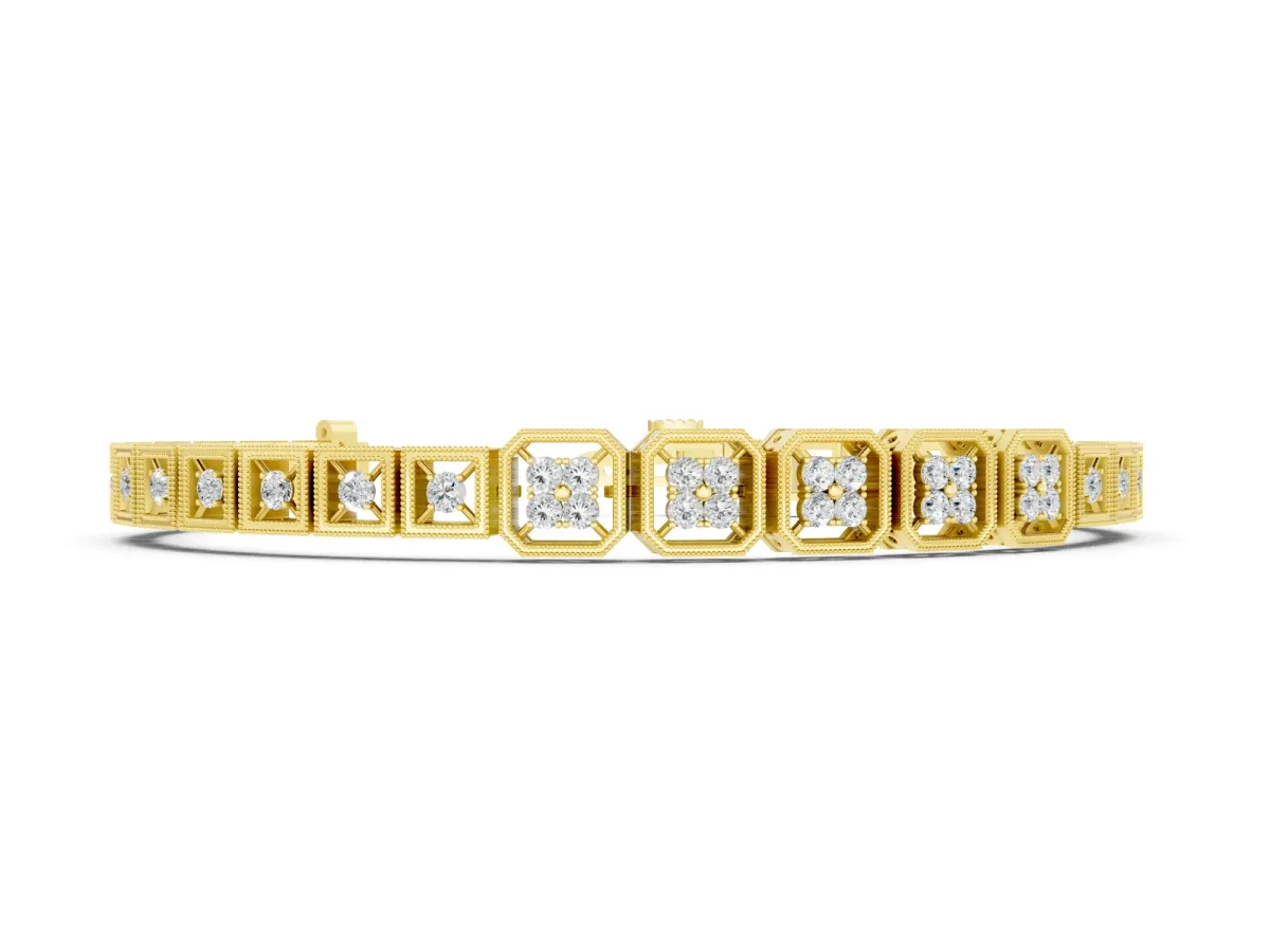 Round Diamond Tennis Bracelet Set in Yellow gold with Milgrain Bezel Setting