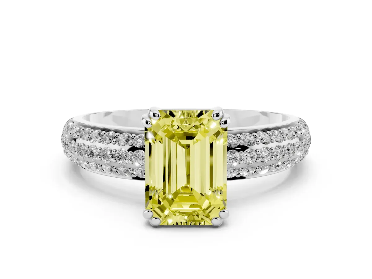 Fancy Yellow Emerald Cut Diamond Solitaire Ring Set in Silver with Multi-Row Round Pavé Band and Prong Setting