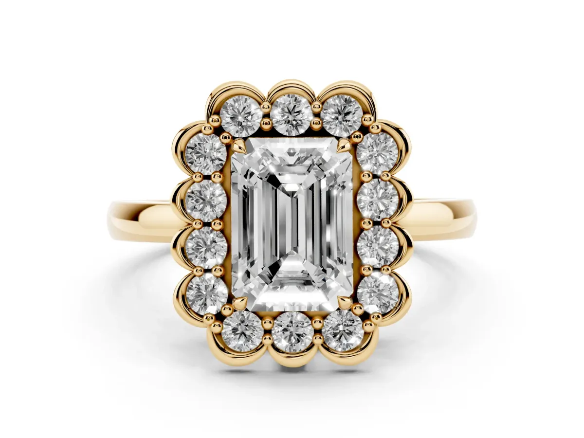 Emerald Cut Diamond Halo Cluster Engagement Ring Set in Yellow gold with Solitaire Band and Prong Setting