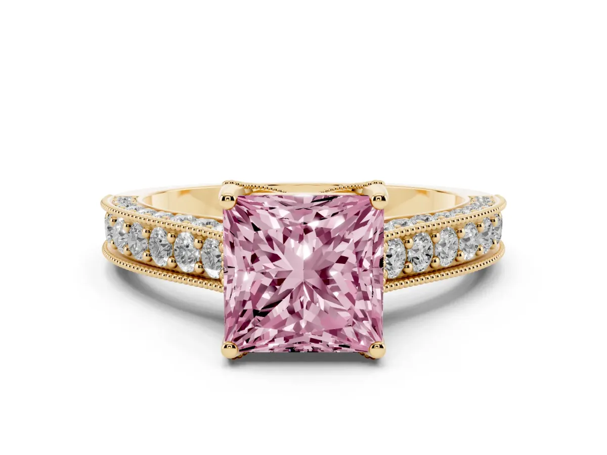 Fancy Pink Princess Cut Diamond Solitaire Ring Set in Yellow gold with Milgrain-Edged Pavé Band and Prong Setting