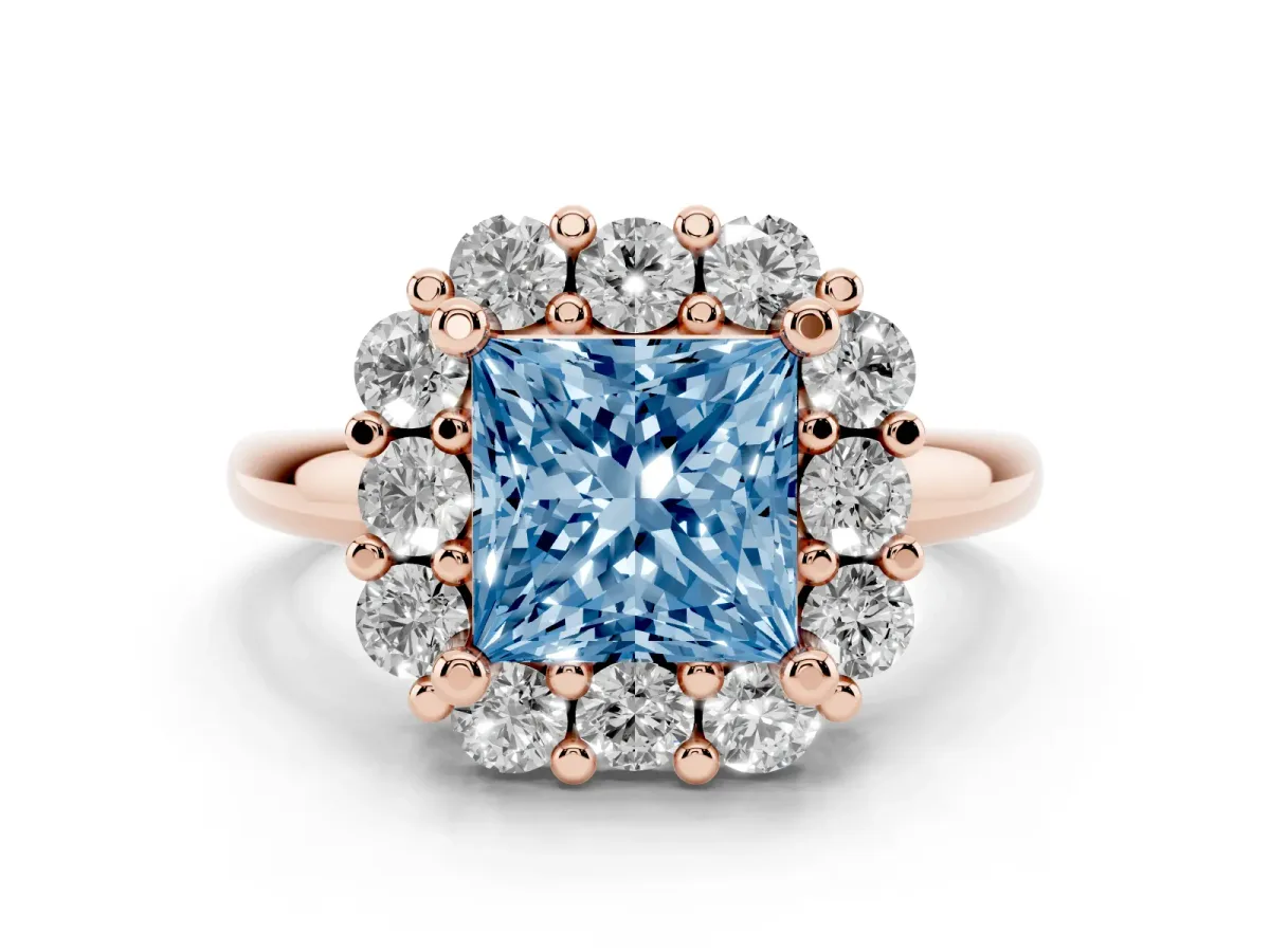 Fancy Blue Princess Cut Diamond Halo Cluster Engagement Ring Set in Rose gold with Polished Band and Prong Setting
