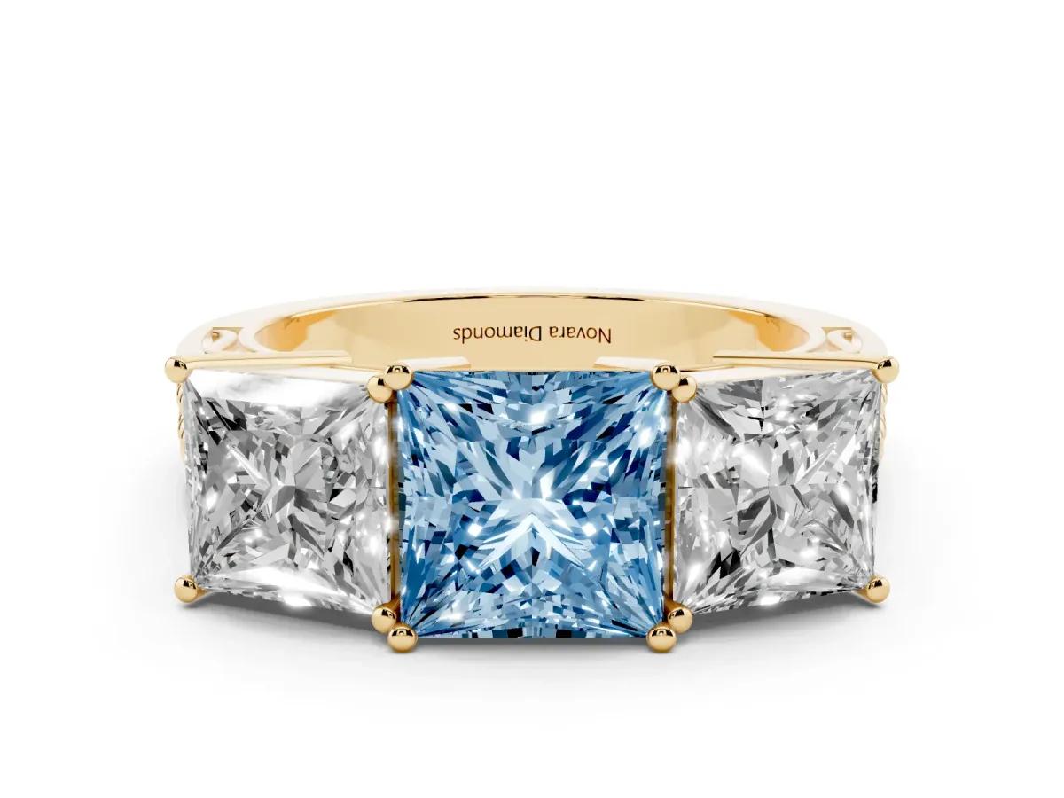 Fancy Blue Princess Cut Diamond Three-Stone Ring Set in Yellow gold with Textured Band