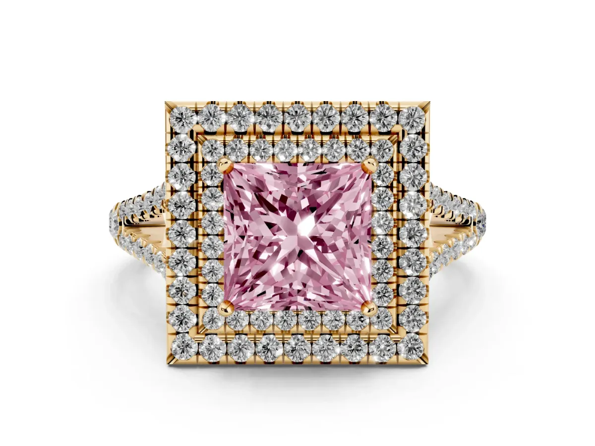 Fancy Pink Princess Cut Diamond Double Halo Ring Set in Yellow gold with Pavé Band
