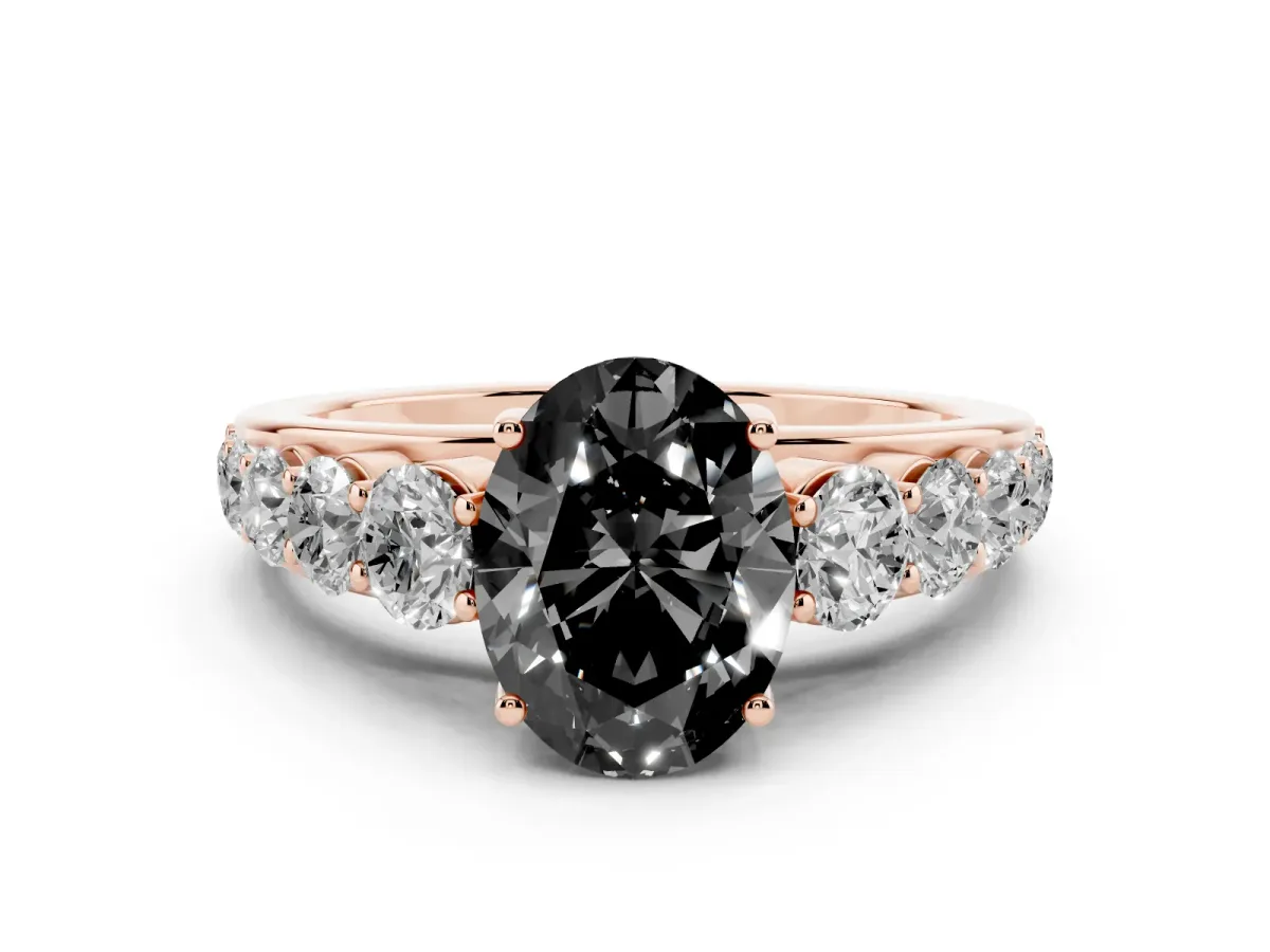 Fancy Black Oval Cut Diamond Solitaire Ring Set in Rose gold with Pavé-Set Band and Prong Setting