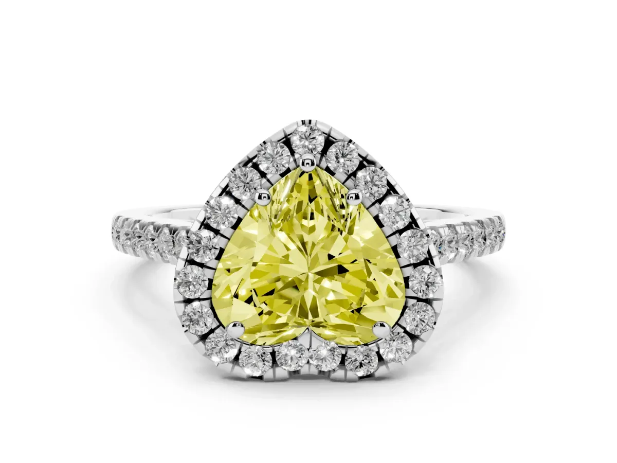 Fancy Yellow Heart Cut Diamond Pavé Halo Engagement Ring Set in Silver with Pavé Band and Prong Setting