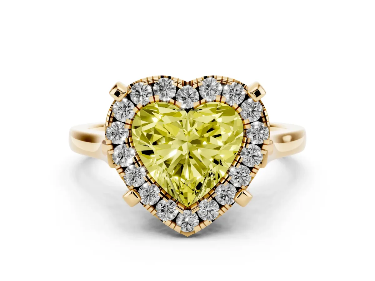 Fancy Yellow Heart Cut Diamond Cluster Halo Solitaire Ring Set in Yellow gold with Prong Setting