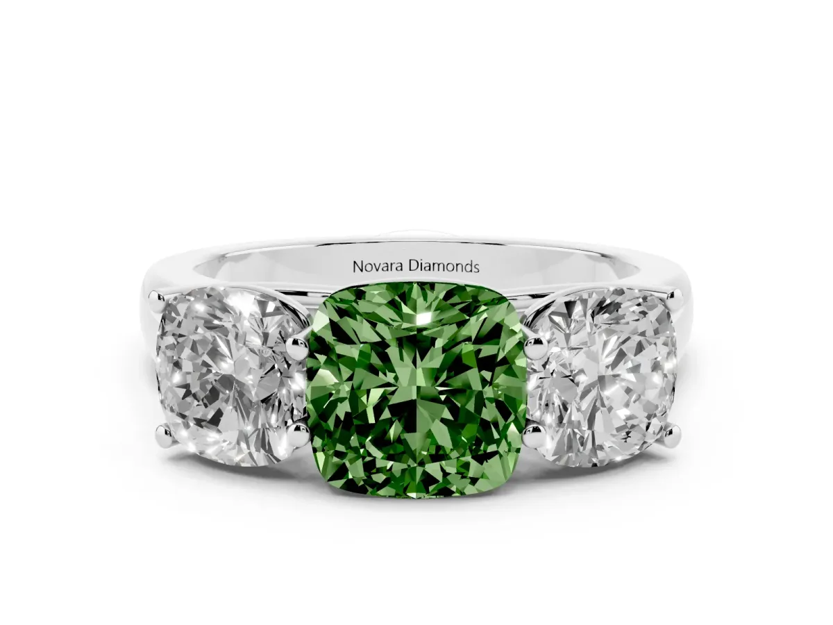 Fancy Green Cushion Cut Diamond Three-Stone Ring Set in White gold with Plain Polished Band