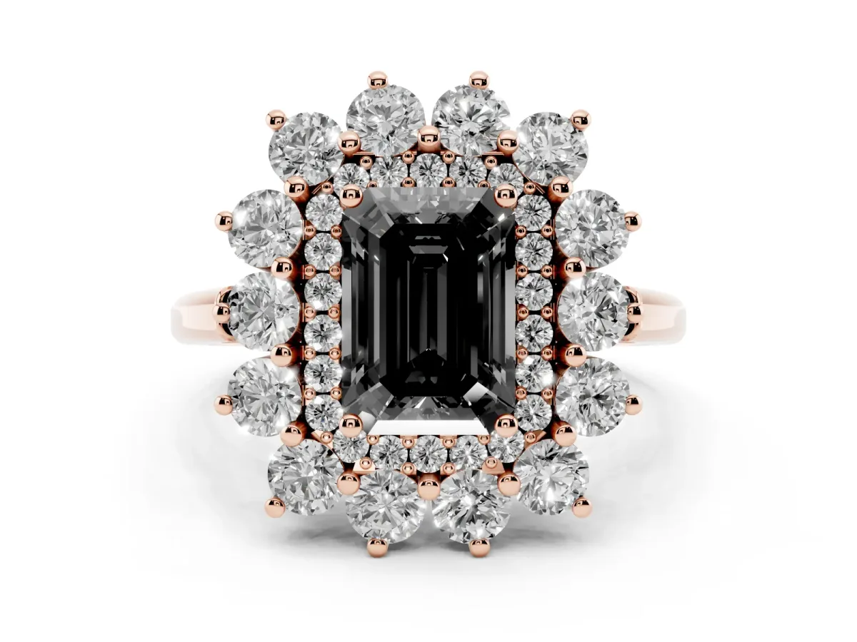 Fancy Black Emerald Cut Diamond Floral Double Halo Ring Set in Rose gold with Round Petals