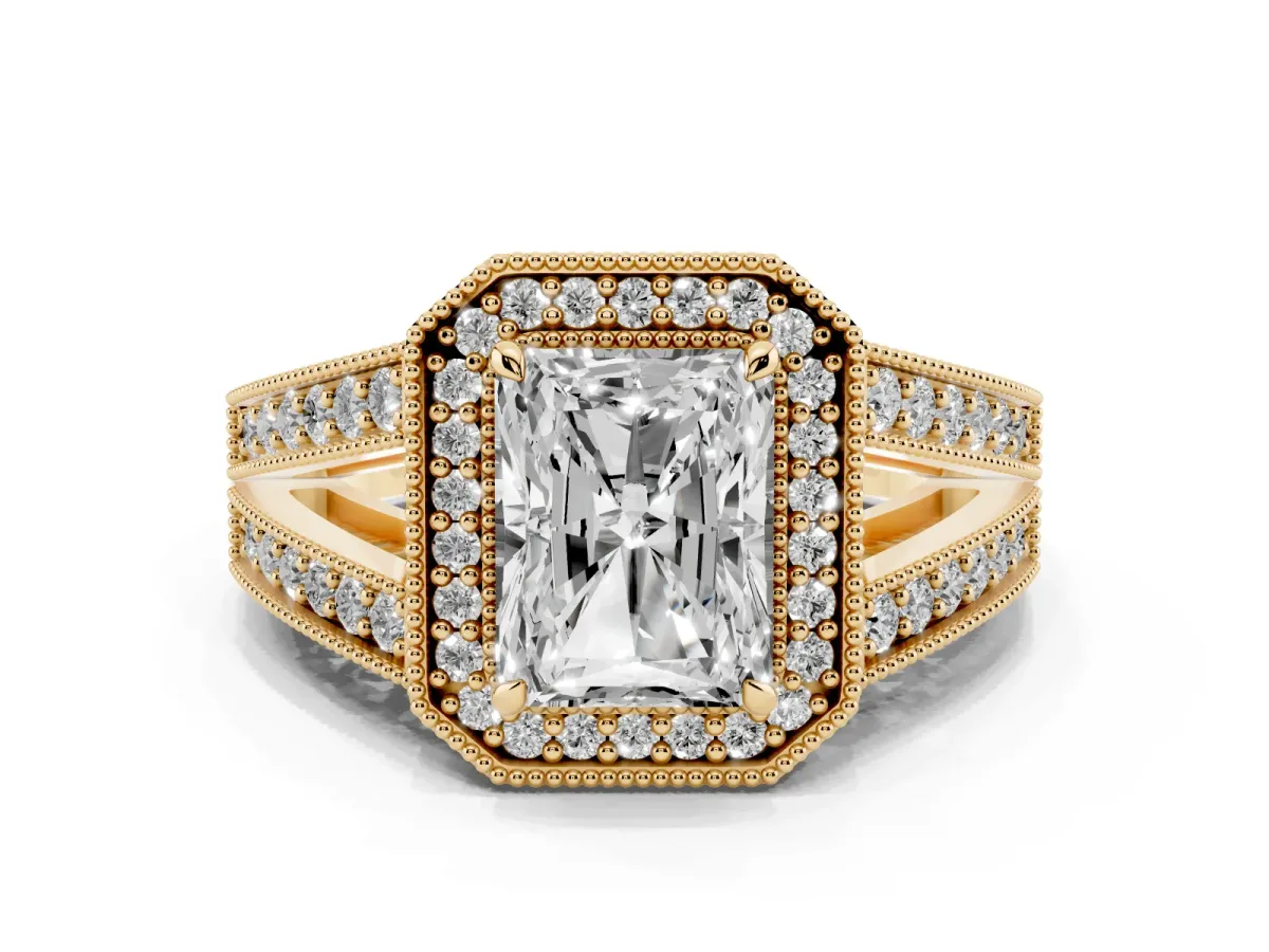 Radiant Cut Diamond Halo Ring Set in Yellow gold with Stone-Set Split Shank and Milgrain Edges