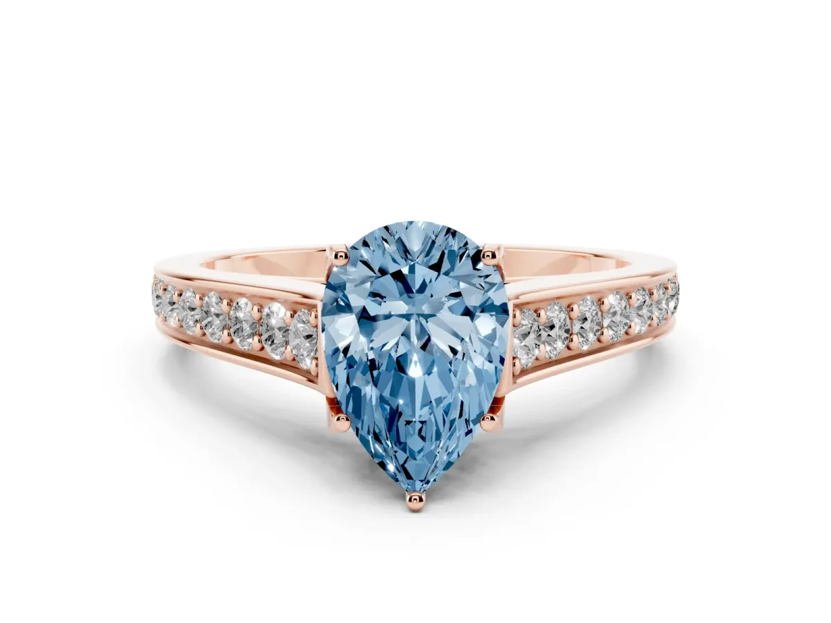 Fancy Blue Pear Cut Diamond Solitaire Pavé Engagement Ring Set in Rose gold with Prong Setting
