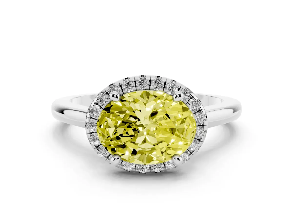 Fancy Yellow Oval Cut Diamond Halo Engagement Ring Set in Platinum with Pavé Band and Rising Shoulders