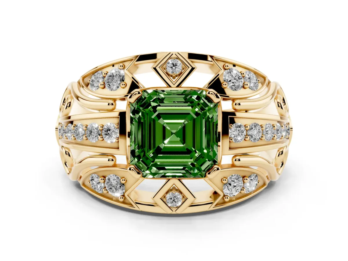 Fancy Green Asscher Cut Diamond Art Deco Ring Set in Yellow gold with Pavé Split Shank