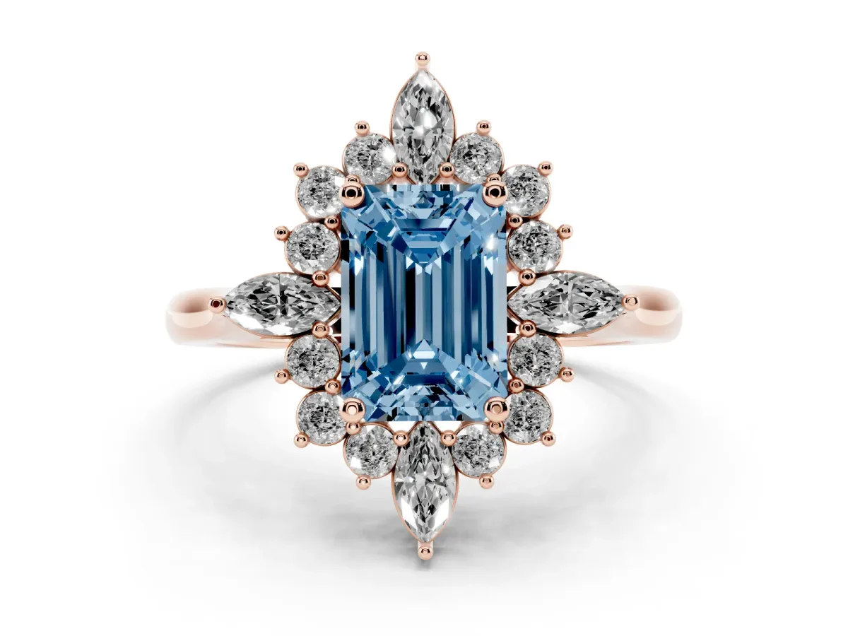Fancy Blue Emerald Cut Diamond Cluster Halo Ring Set in Rose gold with Marquise and Round Accents