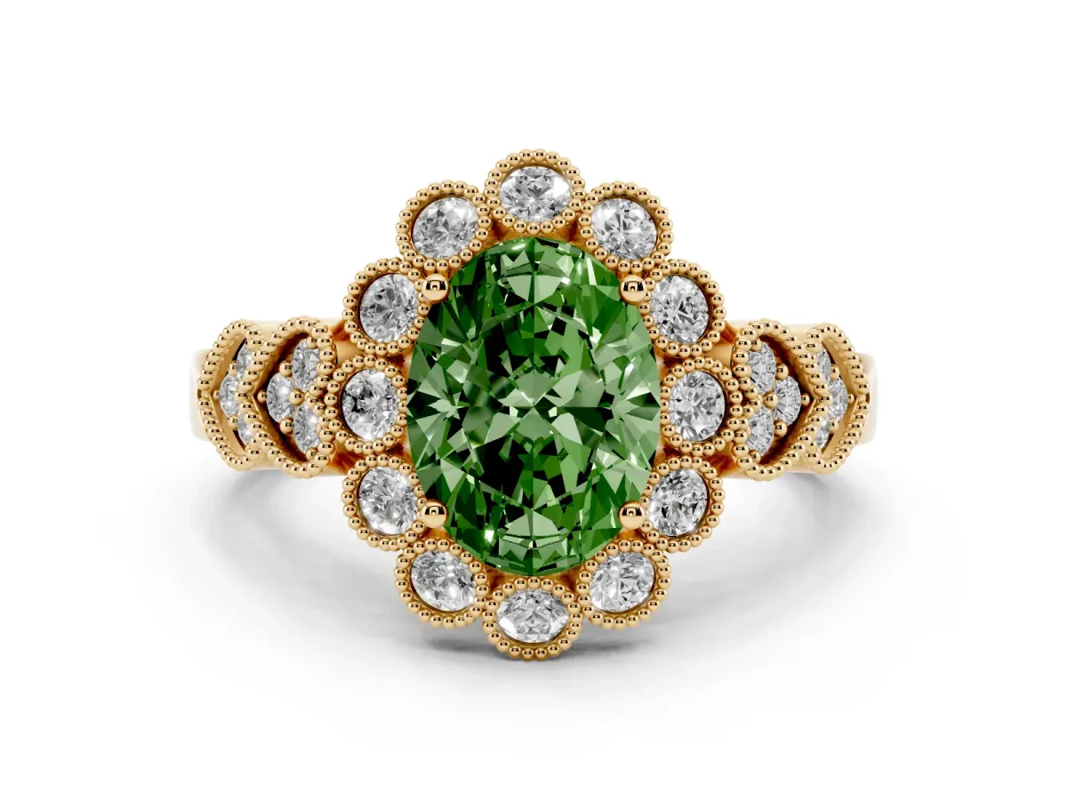 Fancy Green Oval Cut Diamond Solitaire Ring Set in Yellow gold with Milgrain Pavé Heart Band