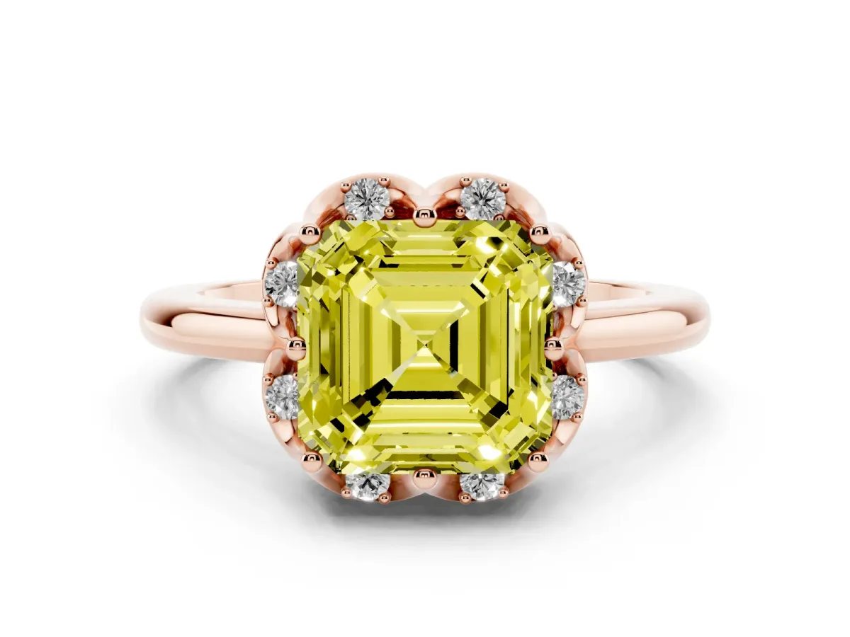 Fancy Yellow Asscher Cut Diamond Round Cluster Halo Ring Set in Rose gold with Solitaire Band and Prong Setting