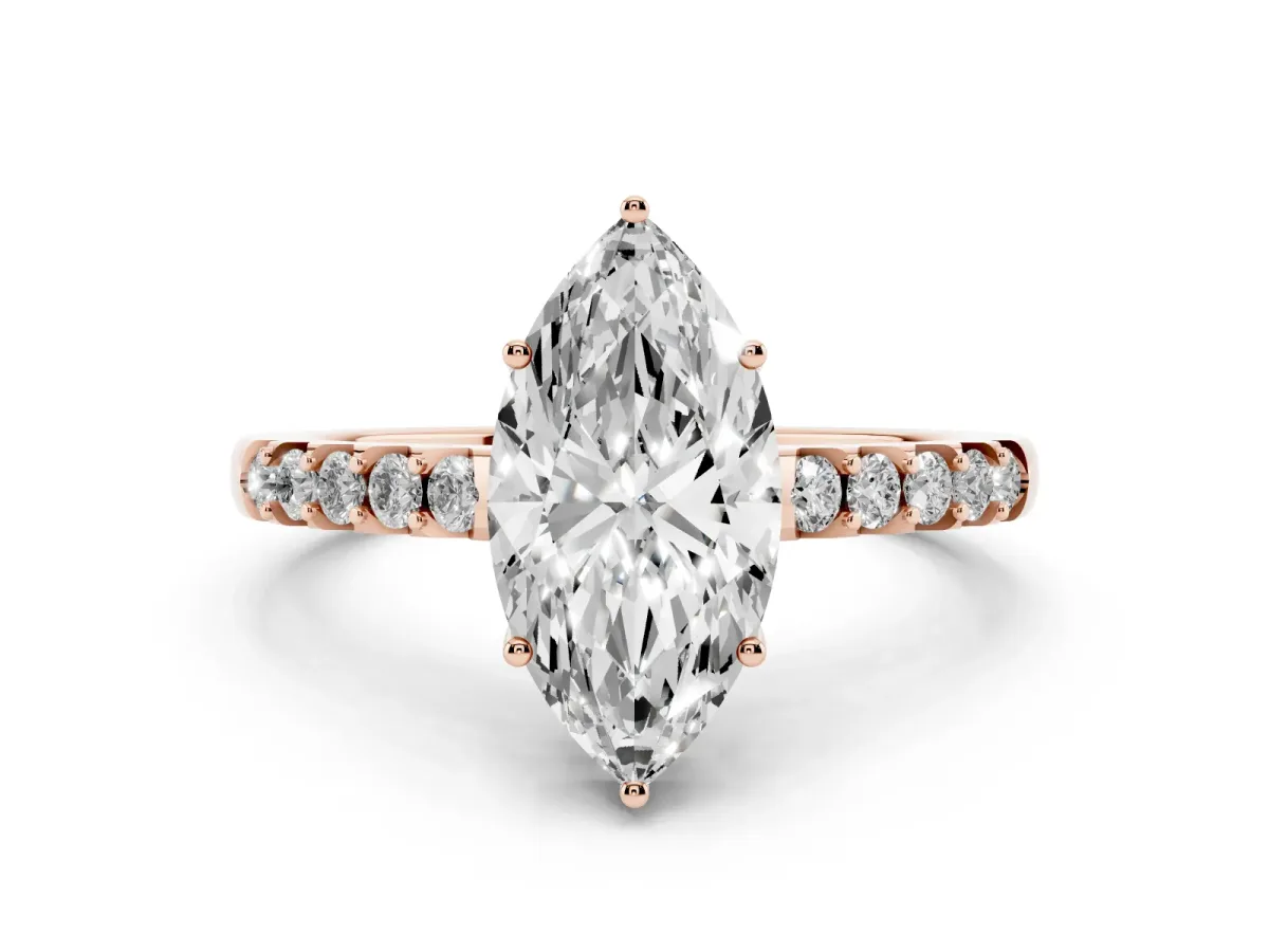 Marquise Cut Diamond Solitaire Engagement Ring Set in Rose gold with Pavé Band and Prong Setting