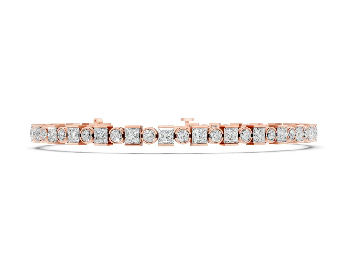 Round and Princess Cut Diamond Tennis Bracelet Set in Rose gold with Alternating Bezel and Prong Settings