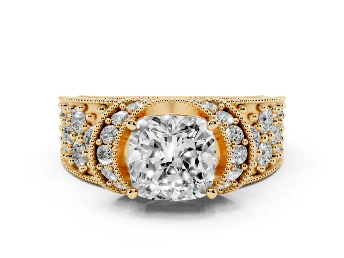 Cushion Cut Diamond Milgrain Halo Pavé Engagement Ring Set in Yellow gold with Prong Setting