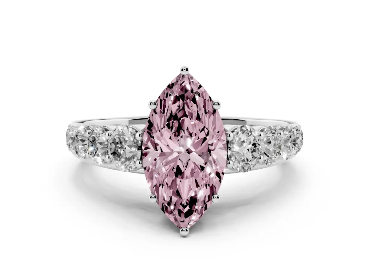Fancy Pink Marquise Cut Diamond Solitaire Ring Set in White gold with Pavé-Set Band and Prong Setting