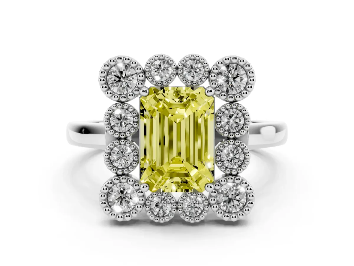 Fancy Yellow Emerald Cut Diamond Cluster Halo Ring Set in Silver with Milgrain Bezel Accents and Plain Band