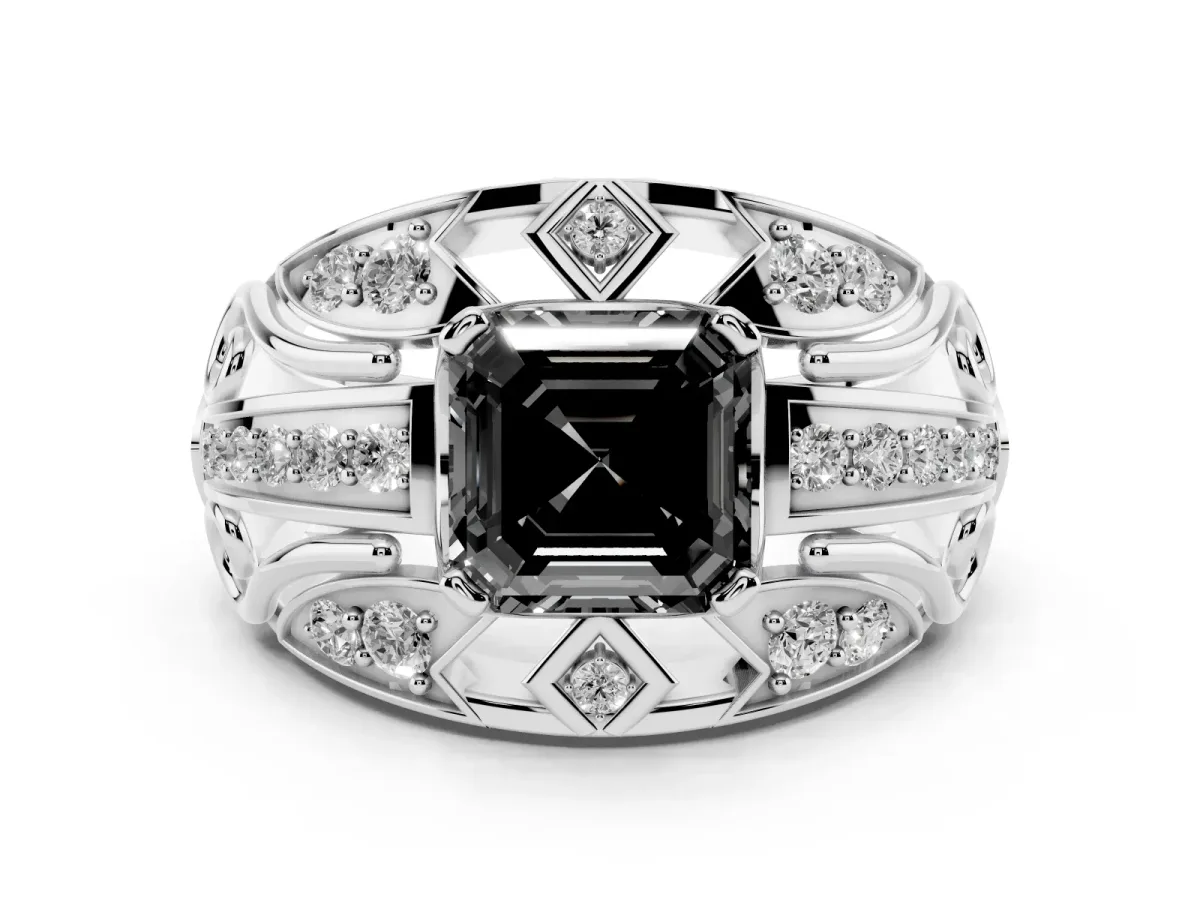 Fancy Black Asscher Cut Diamond Art Deco Ring Set in Silver with Pavé Split Shank