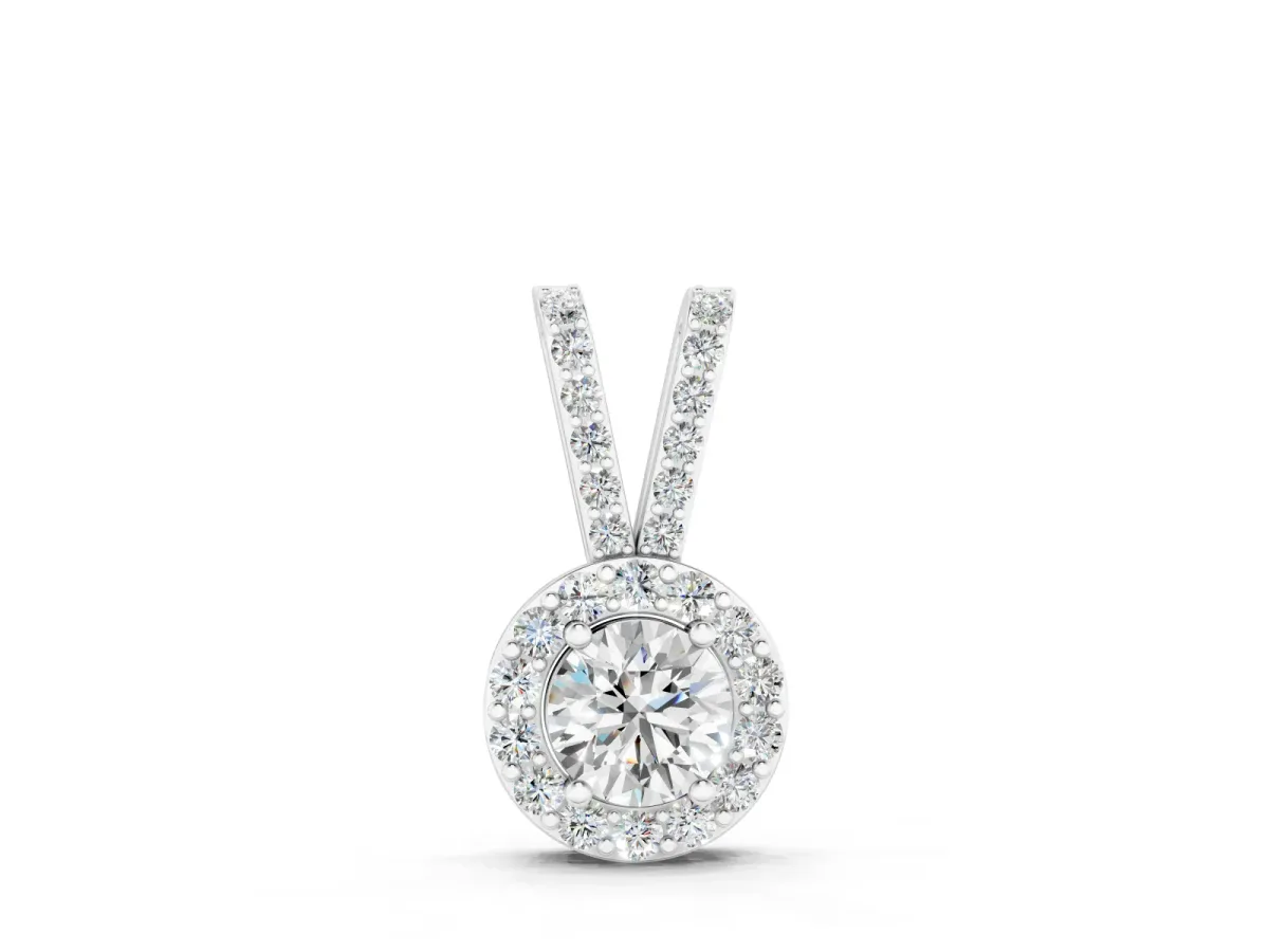 Round Halo Pendant Set in White gold with Prong-Set Round Center