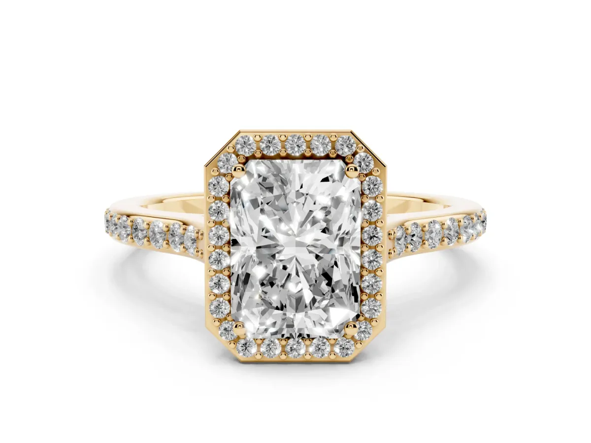 Radiant Cut Diamond Halo Engagement Ring Set in Yellow gold with Round Pavé Shoulders and Heart Gallery