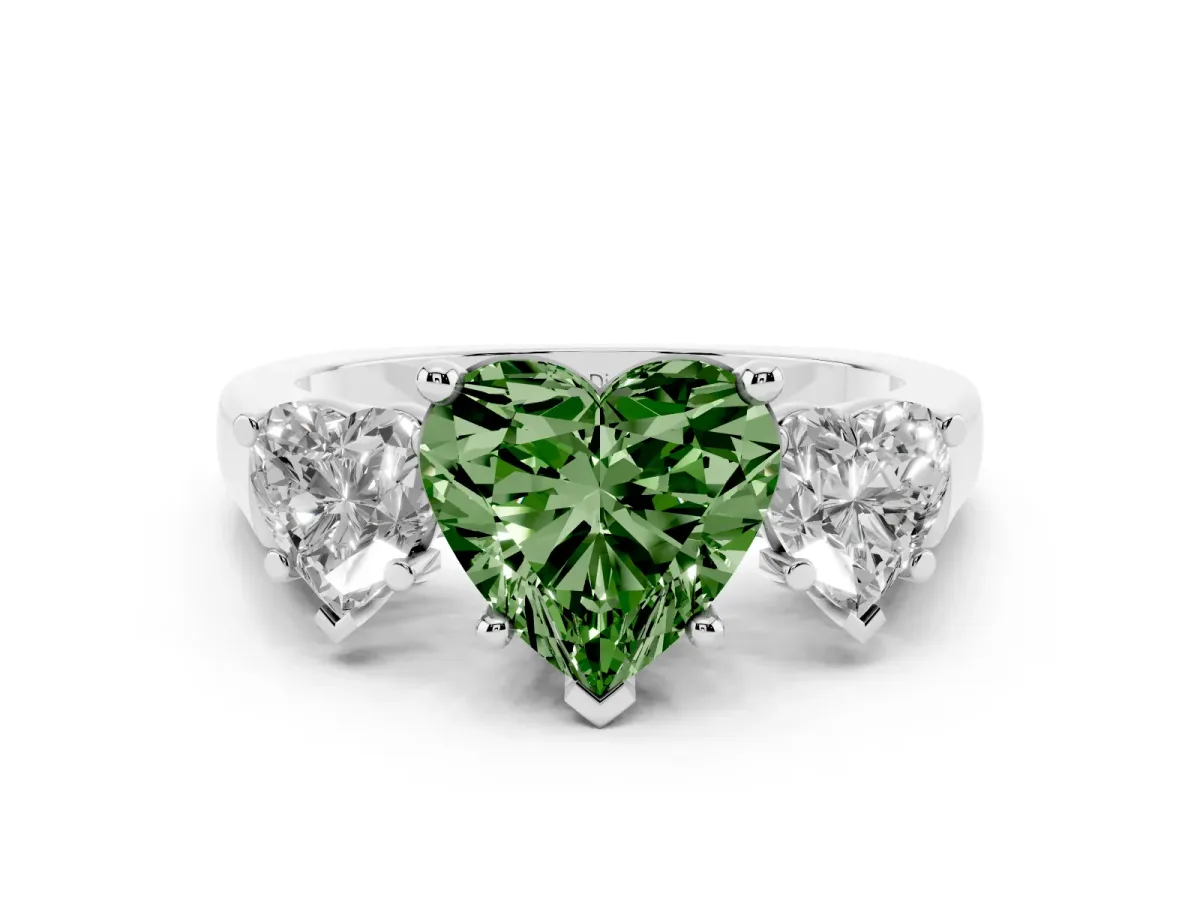 Fancy Green Heart Cut Diamond Three-Stone Trellis Ring Set in Platinum with Comfort Fit Band