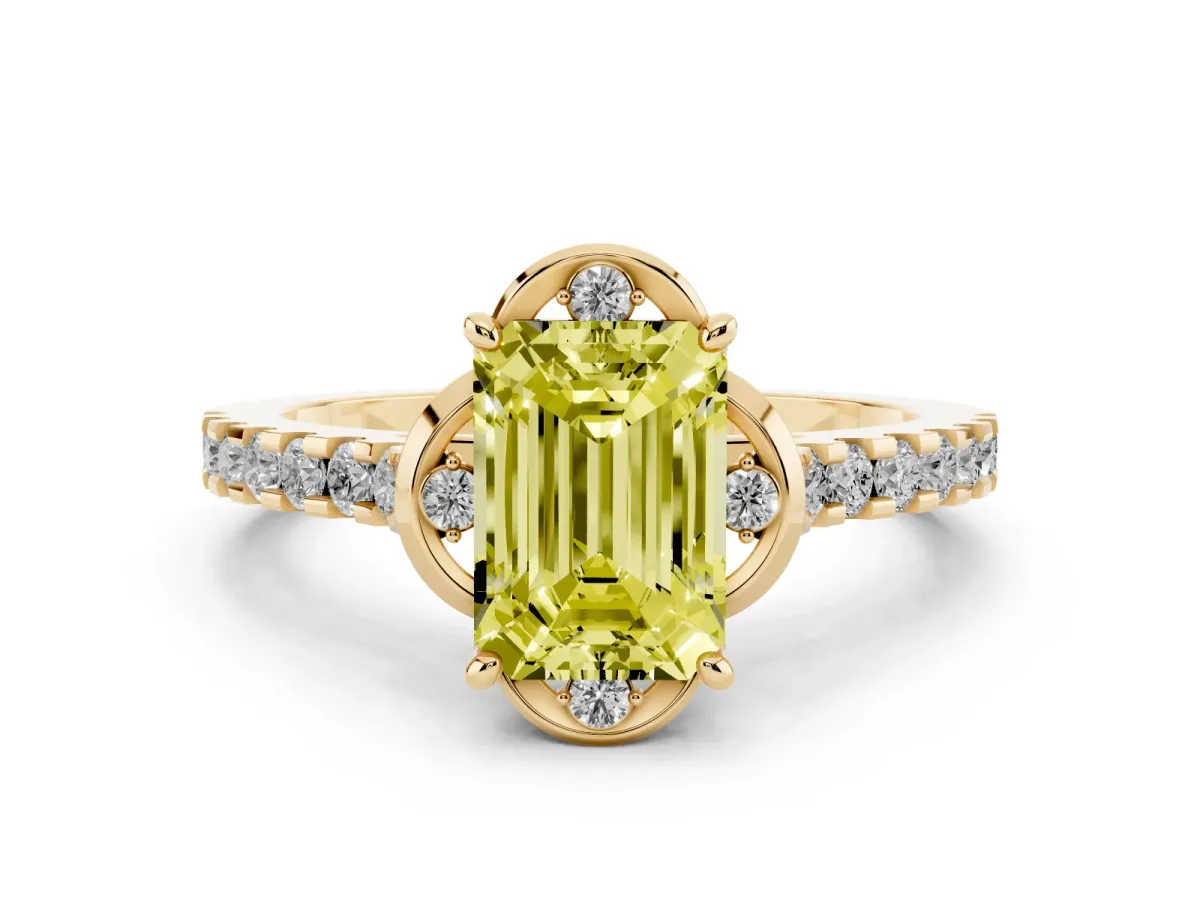 Fancy Yellow Emerald Cut Diamond Solitaire Ring Set in Yellow gold with Pavé Band and Floral Prong Setting