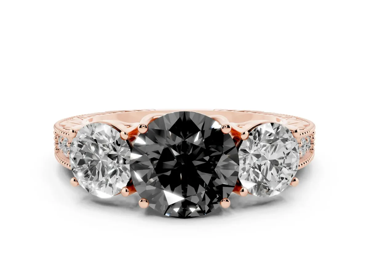 Fancy Black Round Cut Diamond Three-Stone Engagement Ring Set in Rose gold with Milgrain Pavé Band
