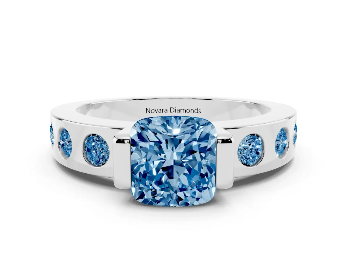 Fancy Blue Cushion Cut Diamond Channel-Set Band Ring Set in Platinum with Bezel Prong Setting