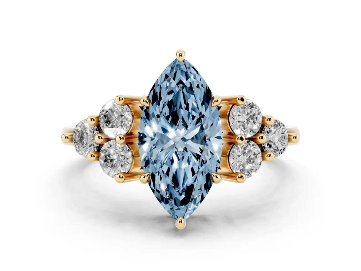 Fancy Blue Marquise Cut Diamond Solitaire Ring Set in Yellow gold with Cluster Accents on Each Side