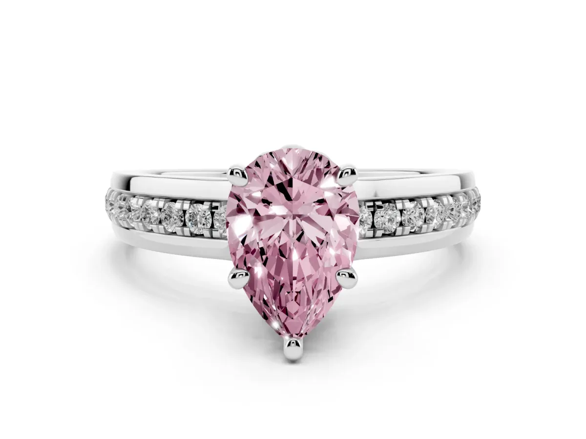 Fancy Pink Pear Cut Diamond Solitaire Ring Set in Silver with Channel Set Band and Prong Setting