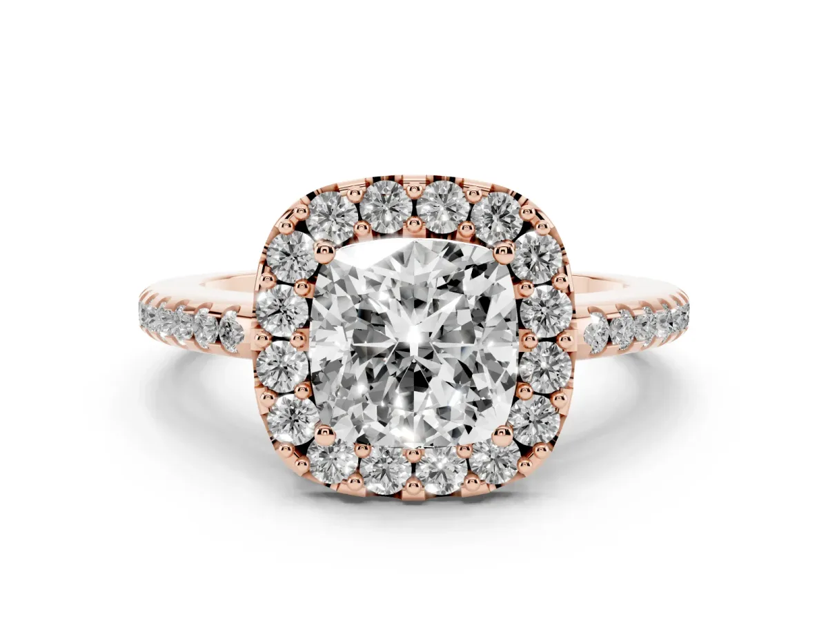 Cushion Cut Diamond Pavé Halo Ring Set in Rose gold with Prong Setting