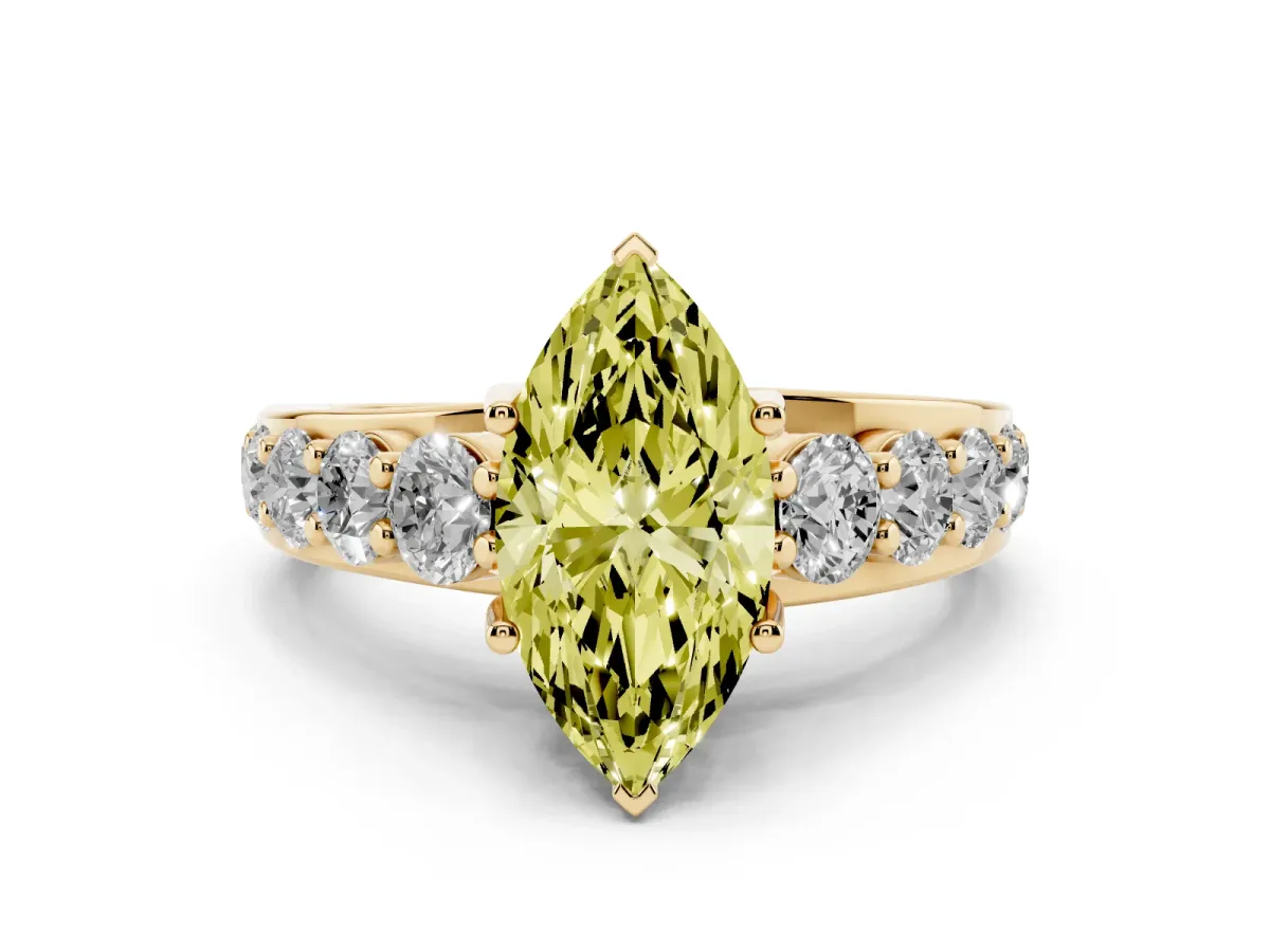 Fancy Yellow Marquise Cut Diamond Pavé Engagement Ring Set in Yellow gold with Prong Setting