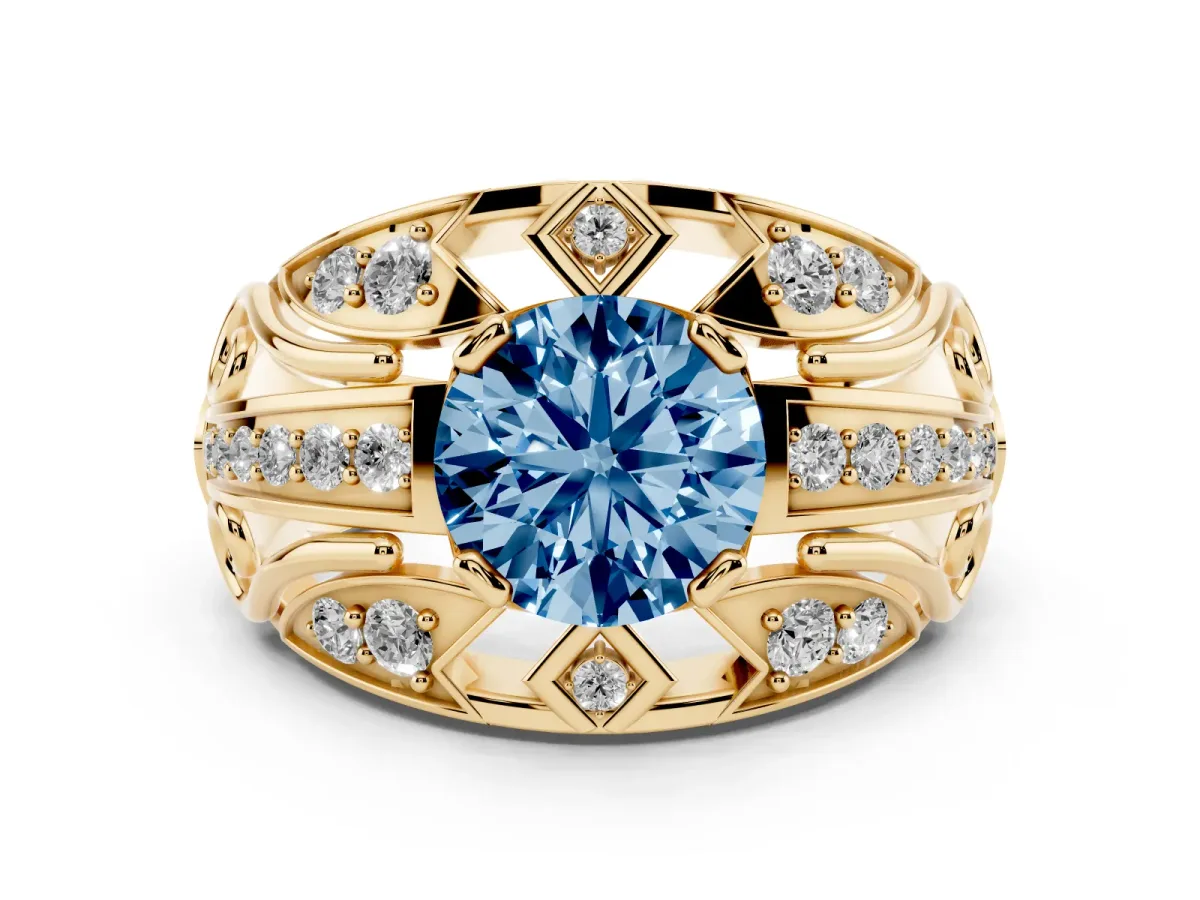 Fancy Blue Round Cut Diamond Art Deco Ring Set in Yellow gold with Pavé Split Shank