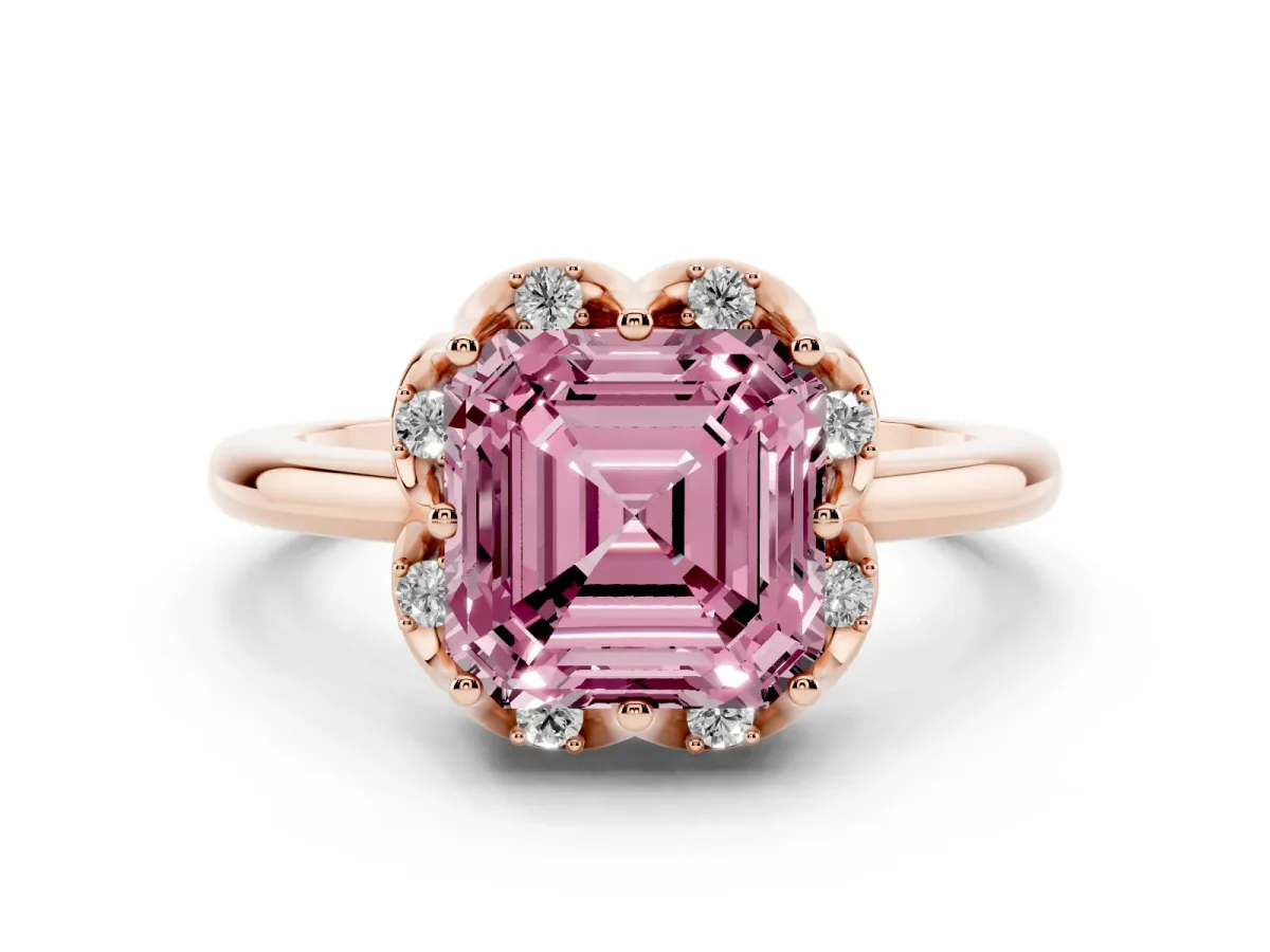 Fancy Pink Asscher Cut Diamond Round Cluster Halo Ring Set in Rose gold with Solitaire Band and Prong Setting