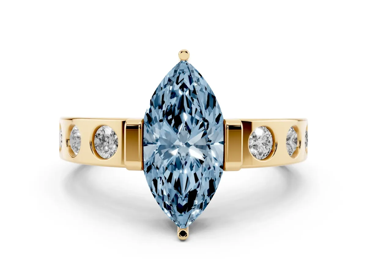 Fancy Blue Marquise Cut Diamond Channel-Set Band Ring Set in Yellow gold with Bezel Prong Setting