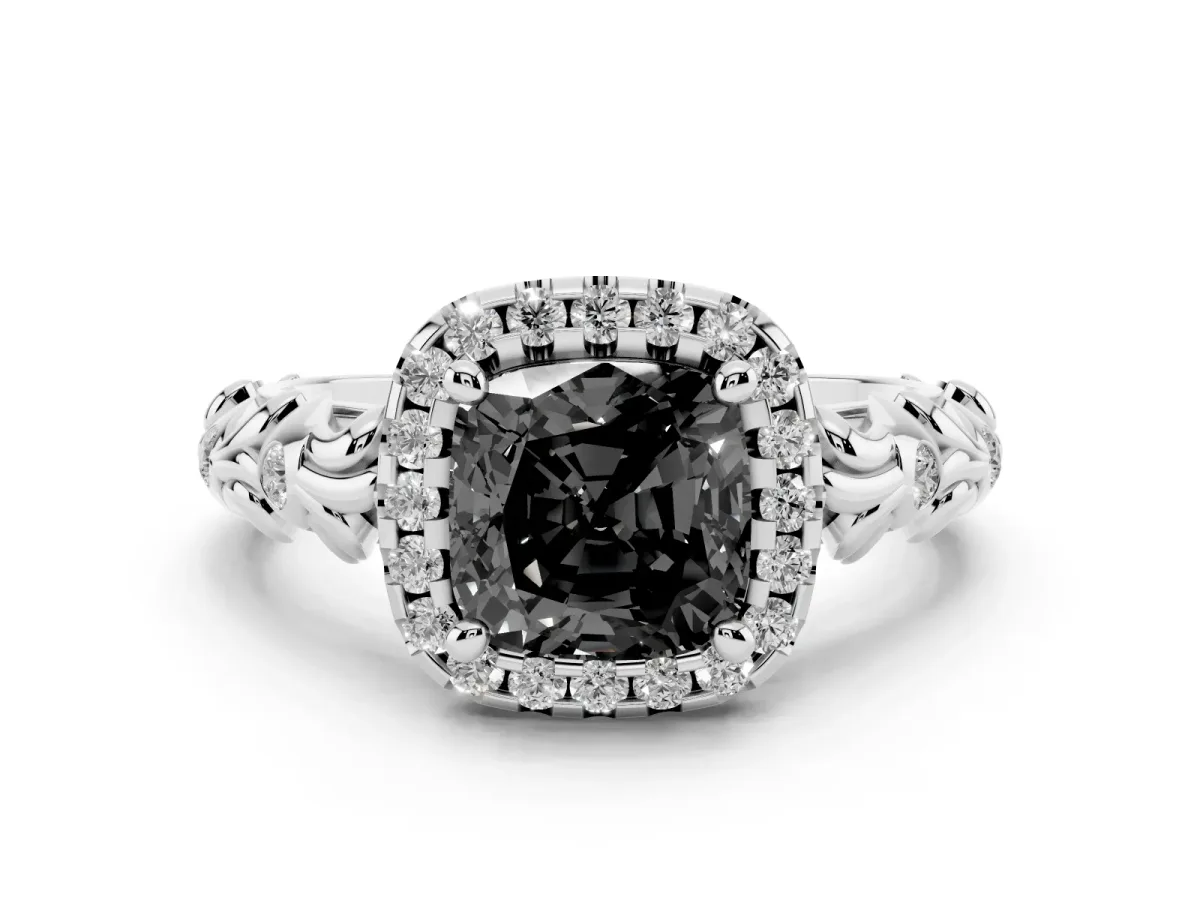 Fancy Black Cushion Cut Diamond Halo Ring Set in Platinum with Filigree Leaf Band and Prong Setting