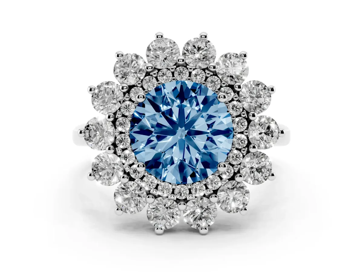 Fancy Blue Round Cut Diamond Floral Double Halo Ring Set in White gold with Round Petals