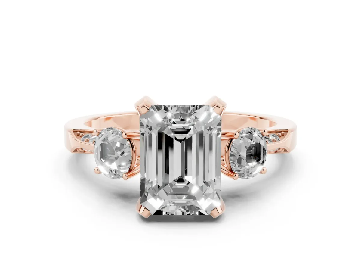 Fancy Yellow Emerald Cut Diamond Three-Stone Ring Set in Rose gold with Pavé Band and Smaller Side Stones