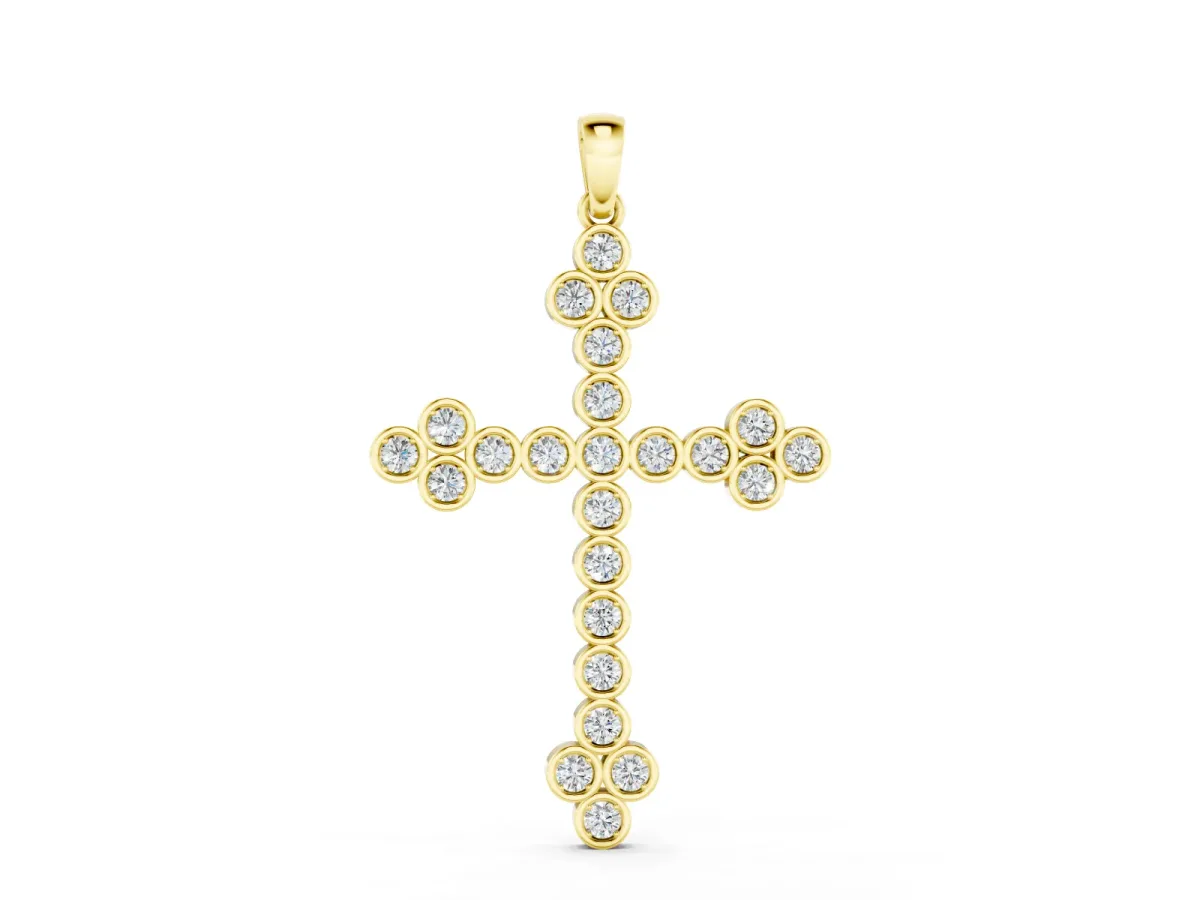 Round Diamond Cross Pendant Set in Yellow gold with Bezel-Set Stones