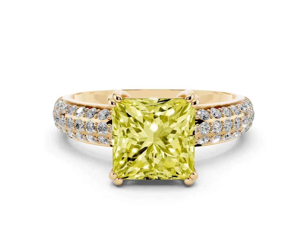 Fancy Yellow Princess Cut Diamond Solitaire Ring Set in Yellow gold with Multi-Row Round Pavé Band and Prong Setting