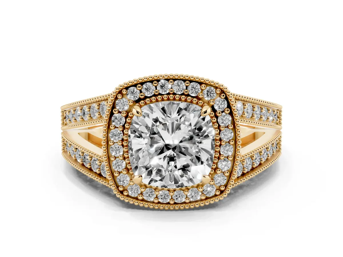 Cushion Cut Diamond Halo Ring Set in Yellow gold with Stone-Set Split Shank and Milgrain Edges