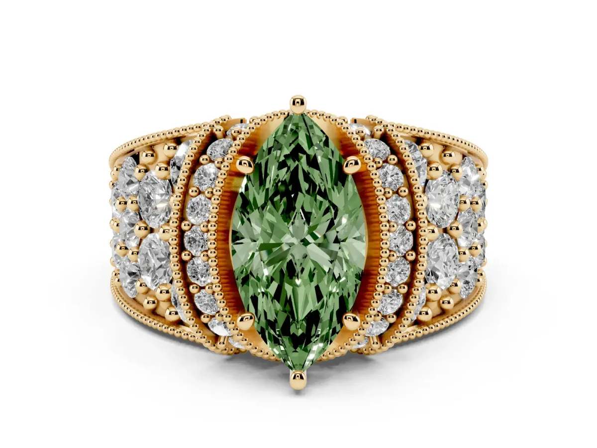 Fancy Green Marquise Cut Diamond Milgrain Halo Pavé Engagement Ring Set in Yellow gold with Prong Setting