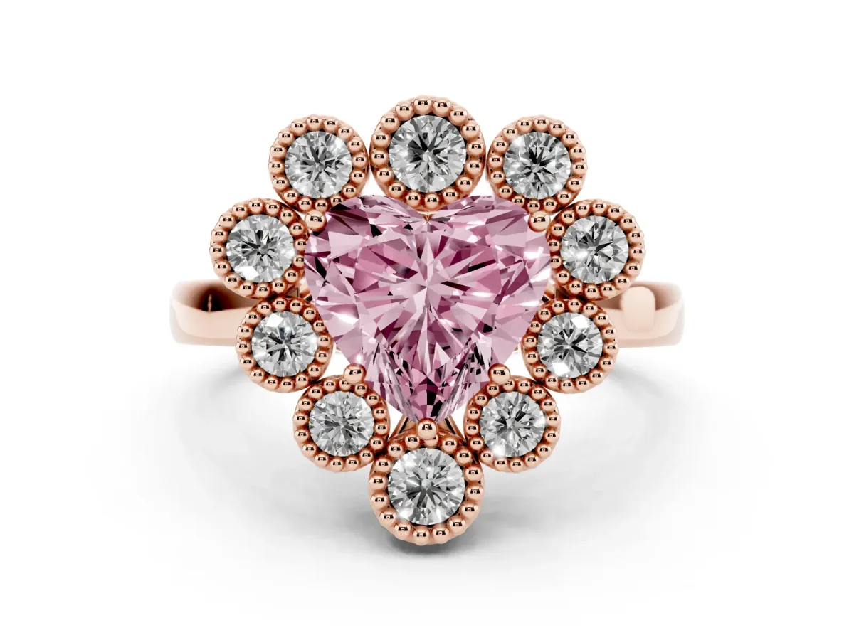 Fancy Pink Heart Cut Diamond Cluster Halo Ring Set in Rose gold with Milgrain Bezel Accents and Plain Band